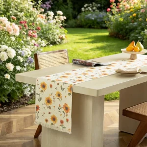 Botanical Summer Sunflower Palm Daisy Printed Table Runner with Fringe Heat resistant Scratch resistant Home Decor Table Runner
