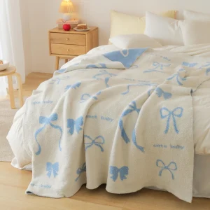 Bowknot 100% Polyester Winter Cute Sofa Bed Knitted Throw Blanket Eco friendly Super Soft for Couch