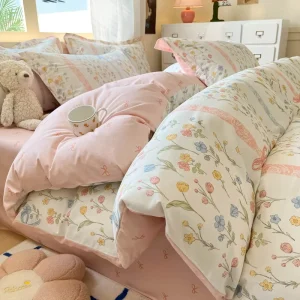 Breathable 100% Cotton Duvet Cover Set Vibrant Floral Print 4 Piece Soft Bedding Collection
