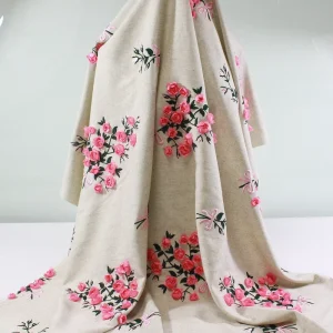 Breathable Linen Blend Fabric with 3D Pink Rose Embroidery Multi Use Floral Embroidered Cloth for Suits Dresses & Tops