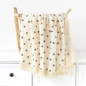 Breathable Soft Gauze 100% Cotton Baby Swaddle Blanket Lace Tassel with Custom Printing
