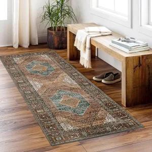 Brick Red Color 2×6 Runner Rugs Machine Washable Low Pile Wear Resistance Soft Print Vintage Retro Style Home Entryway Corridor