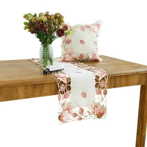 Bright Jacquard Floral Embroidered Tulip Table Runner and Cushion Cover Set in Spring Pink and Gold with Cutout Design