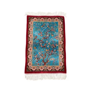 Bright Turquoise Oriental Tree of Life Area Rug 60*90cm Vintage Bird Flower Pattern Machine Woven Modal Silk Carpet