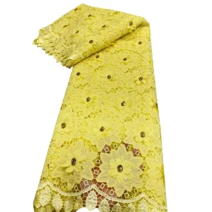 Bright Yellow Chiffon Flower Applique Lace Fabric Glitter Stone Embellished Hollow Embroidery Lace Nigerian Women Outfit Fabric