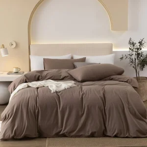 Brown 100% Cotton Duvet Cover Set Include 1 Duvet Cover 2 Pillow Shams Simple Style Soft Breathable for All Seasons
