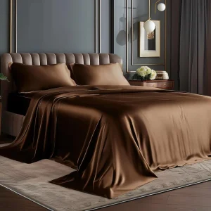 Brown 4 Pieces Luxury Silky Sheets Satin Bedding Sets with 1 Deep Pocket Fitted Sheet 1 Flat Sheet and 2 Pillowcases