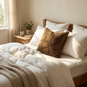 Brown Bouclé Jacquard Cushion Cover Abstract Line Throw Pillow with Black Piped Edge for Sofa Bed
