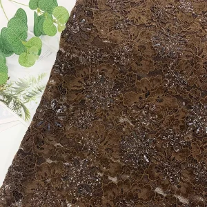 Brown French Guipure Tulle Hollow Mesh Sequin Floral Chenille Cord Embroidered Lace Fabric for Evening Dress Garment