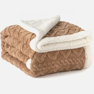 Brown Jacquard Sherpa Knitted Double Ply Blanket for Couch Sofa Bed