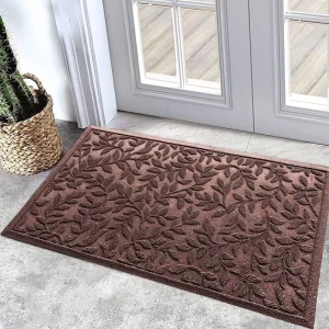 Brown Leaf Textured Rubber Welcome Mat Stylish Durable Absorbent Anti Slip Easy to Clean Entryway Doormat