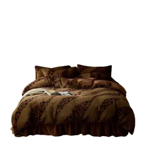 Brown Leopard Pattern Milk Velvet Bed Set Fluffy Rabbit Fur Lined Thickened Coral Fleece Duvet Cover Kit