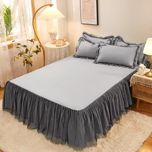 Brushed Washed Cotton Bed Skirt Ruffled Elastic Wrap Around Mattress Protector with Non Slip for Queen Bed