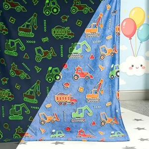 Bulk Warm Soft Cartoon Car Luminous Throw Custom Glow in Dark Kids Blanket Thick Reversible Sky Blue with Cartoon Excavators