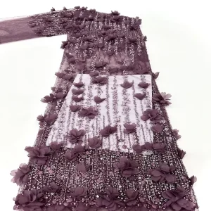 Burgundy 3D Flowers Bridal Embroidery Lace Fabric French Tulle Lace Flowers Bridal Wedding Dress Dubai Lace