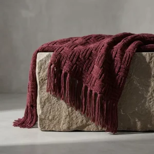 Burgundy Jacquard Tassel Throw Blanket for Sofa Bed Four Seasons Use Quality Boho Decor