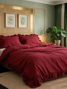 Burgundy Modern Cotton Duvet Cover Set with Ruffles Yarn Dyed OEKO TEX Certified 300tc Thread Count All-Season Bedding