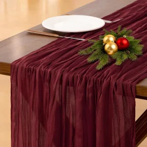 Burgundy Red Christmas Table Runner Cheesecloth Boho Rustic Gauze 120 Inch 10FT for Wedding Home Decor