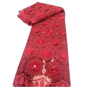 Burgundy Red Luxury Rhinestone Chiffon Lace Fabric Floral Applique Hollow Embroidery Lace African Wedding Party Dress Fabric