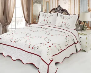 Burgundy Stitching Embroidery Quilts Microfiber Bedspread Set Comforter Set 3pcs Quilt Colcha Coverlets Bedding