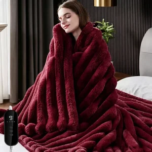 Burgundy Vertical Strip Fluffy Shaggy Heated Blanket Thick Plush Electric Heating Throw Digital Timer Control for Bedroom&Sofa U