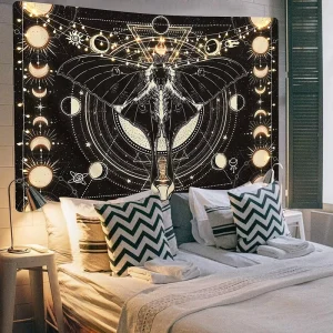Butterfly Psychedelic Moth Tapestry Black Moon and Stars Tapestries Aesthetic Wall Art Tapestry Wall Hanging for Room
