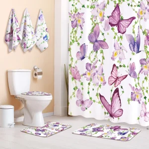 Butterfly Shower Curtain Set with Non Slip Mats & Towels Toilet Mats Waterproof Polyester Modern Bathroom Decor