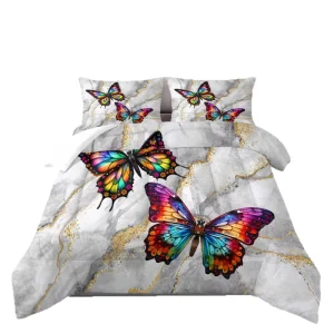Butterfly patterned Feather Silk Synthetic Fiber Marble Style Digital Print Customizable 3 Piece Soft Warm Comforter Set