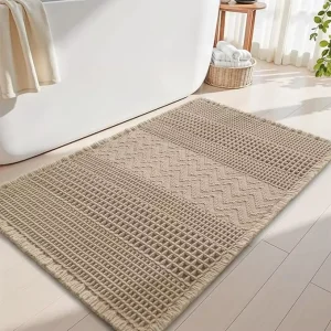 CF Boho Bathroom Rugs Super Absorbent Bath Mats for Bathroom Ultra Soft Bathroom Mat with Tassels Non Slip Waffle Bath Mat