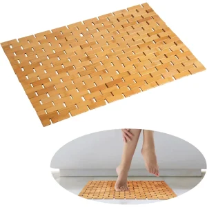CR Bamboo Bath Mat Bathroom Rugs Floor Wood Shower Bathtub Waterproof Non Slip Accessories 16×24 Inch Easy to Clean