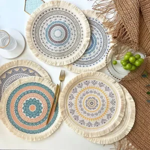 CR Mandala Round Placemats Cotton Table Mats with Tassel Woven Machine Washable Place Mats Heat Resistant for Dining Table