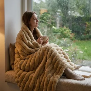 Camel Rabbit Fur Double Layer Throw Blanket Striped Embossed Texture Four Seasons Winter Warmth Luxury Soft Plush Fleece