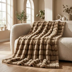 Camel Tan Faux Rabbit Fur Blanket with Striped Embossed Texture for Sofa Bed Luxury Warm Plush Fleece Throw Blankets Washable