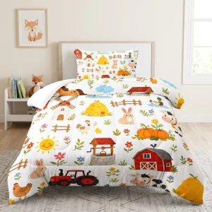 Cartoon Farm Animal Comforter Set Kids Farm Tractor Printed Bedding SINGLE Quilt with Pillowcase