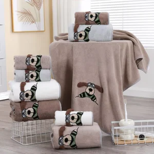 Cartoon Flying Dog Embroidered Coral Fleece Bath Towel Set Quick dry Water Absorbent Dry Hair Home Cross border Gift Internet