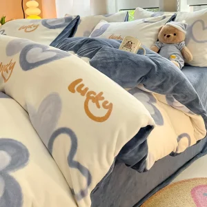 Cartoon Milk Velvet Wool Filled Four Piece Comforter Set Thickened Coral Water Resistant Bed Sheet and Duvet Cover