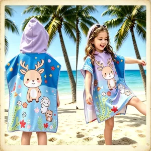 Cartoon Printed Kids Poncho Beach Towel Luxury Eco friendly Hypoallergenic Kid Hooded Poncho Bath Robe