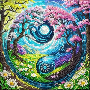 Cartoon Two Pink Trees Framing Swirl Centerpiece Landscape Garden Pearl Painting Wall Art 5D Handcrafted Set Birthday