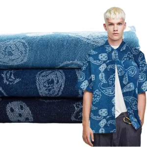 Cashew Flower Pattern Cotton Jacquard Woven Stretch Denim 10oz Medium Single Yarn Washed Fabric Jacket Apron Bag DIY