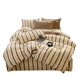 Casual Neutral Stripe Plush Milk Velvet Bed Set Skin-Friendly Ultra Warm Coral Fleece Household Bed Linen Kit