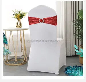 Chair Sashes Elastic Stretch One Sided Sequin Spandex Chair Bow Bands with Buckle for Wedding Hotel Party Chair Cover Decoration