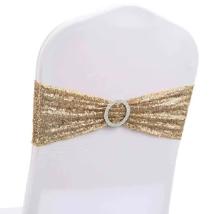 Chair Sashes Elastic Stretch One Sided Sequin Spandex Chair Bow Bands with Buckle for Wedding Hotel Party Chair Cover Decoration