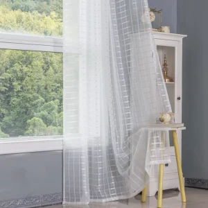 Checkered Jacquard Sheer Curtains White Semi Transparent Voile Fabric Curtain for Bedroom Living Room