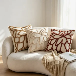 Chenille Loop-Pile Floral Throw Pillow Cover Invisible Zipper Square Shape Modern Minimalist Style Living Room Decor Multiple