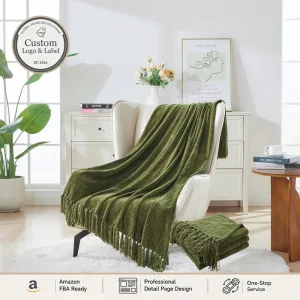 Chenille Raschel Throw Blanket Cozy Plush Fuzzy Olive Green Fringe Tassels Lightweight 100% Polyester Four Seasons Knitted Throw