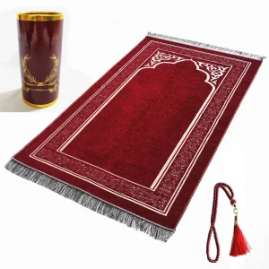 Chenille Woven Cushioned Polyester Muslim Prayer Mat Set with Tasbih Gift Box for Home & Travel 3-Piece Gift Set