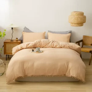 Chic Color Pom Pom 3 Piece Bedding Set Solid Color Duvet Cover Set Comfortable Trimmed for Apartment