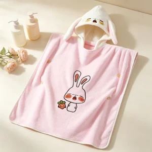 Child Hooded Bath Towel Cute Cartoon Rabbit Embroidery Coral Fleece Skin Friendly Quick Dry Absorbent Customizable