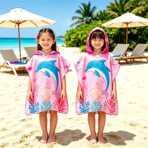 Children Poncho Towel Microfiber Kids Hood Towel Quick Dry Soft Skin Friendly Button Kids Hooded Beach Towel