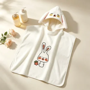 Children’s Cartoon Rabbit Hooded Bath Towel Coral Fleece Absorbent Quick Drying Eco-Friendly Baby Bath Cape (Customizable)
